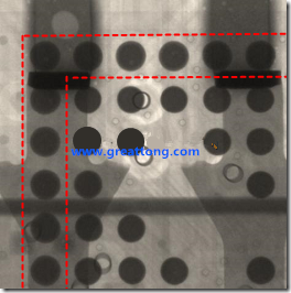 BGA錫球尺寸小于0.4mm，采用降低BGA內(nèi)圍襲球的錫膏量所得到X-Ray，稍微留意一下可以發(fā)現(xiàn)最外圈的錫量(圓的直徑)比其他內(nèi)圍的錫球上的錫量來得多一點(diǎn)點(diǎn)。也就是外圈的黑色圓形直徑比內(nèi)圈的圓形來得大一點(diǎn)點(diǎn)。