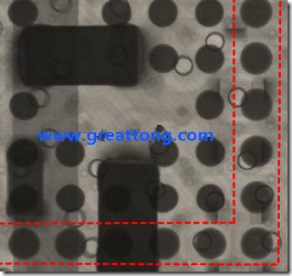 BGA錫球尺寸小于0.4mm，采用降低BGA內(nèi)圍襲球的錫膏量所得到X-Ray，稍微留意一下可以發(fā)現(xiàn)最外圈的錫量(圓的直徑)比其他內(nèi)圍的錫球上的錫量來得多一點(diǎn)點(diǎn)。也就是外圈的黑色圓形直徑比內(nèi)圈的圓形來得大一點(diǎn)點(diǎn)。