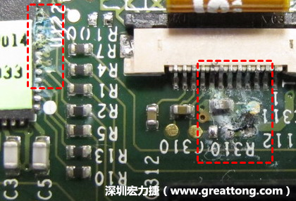 電路板疑似腐蝕氧化，懷疑電流異常過(guò)熱造成