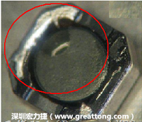 使用錫(Sn)鍍層的電源電感器(Power Inductors)，經(jīng)過推力測(cè)試后，其焊點(diǎn)還保留在零件的端點(diǎn)上，所以推力比較高。
