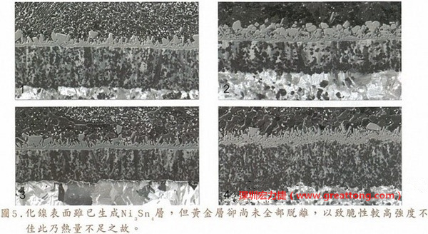 下面四圖顯示，當(dāng)焊接的熱量不足或未持續(xù)時(shí)，雖然Ni3Sn4的薄薄IMC層已經(jīng)生成而焊牢，但也會(huì)因?yàn)锳uSn及AuSn2還未來(lái)得及逸走，而停留在共金介面附近，當(dāng)有外力拉扯的時(shí)候，就很容易斷裂開(kāi)來(lái)。這就是為何ENIG的焊點(diǎn)強(qiáng)度，始終不如銅面焊點(diǎn)(Cu6Sn5)來(lái)得更為牢固的主因之一。