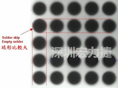 現(xiàn)在我畫幾條直線你再看看是否有發(fā)現(xiàn)那一顆BGA的錫球比較大，有空焊的可能？