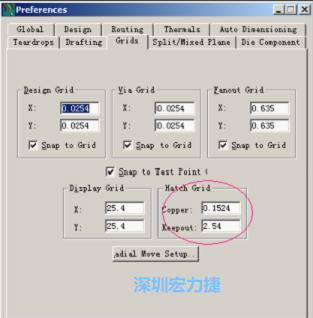  改銅皮的填充網(wǎng)格Global→Design Units，填充方向Drafting→Direction；Hatch Grid中Copper此數(shù)值為大銅箔中所填充的線條中心到中心的距離。
