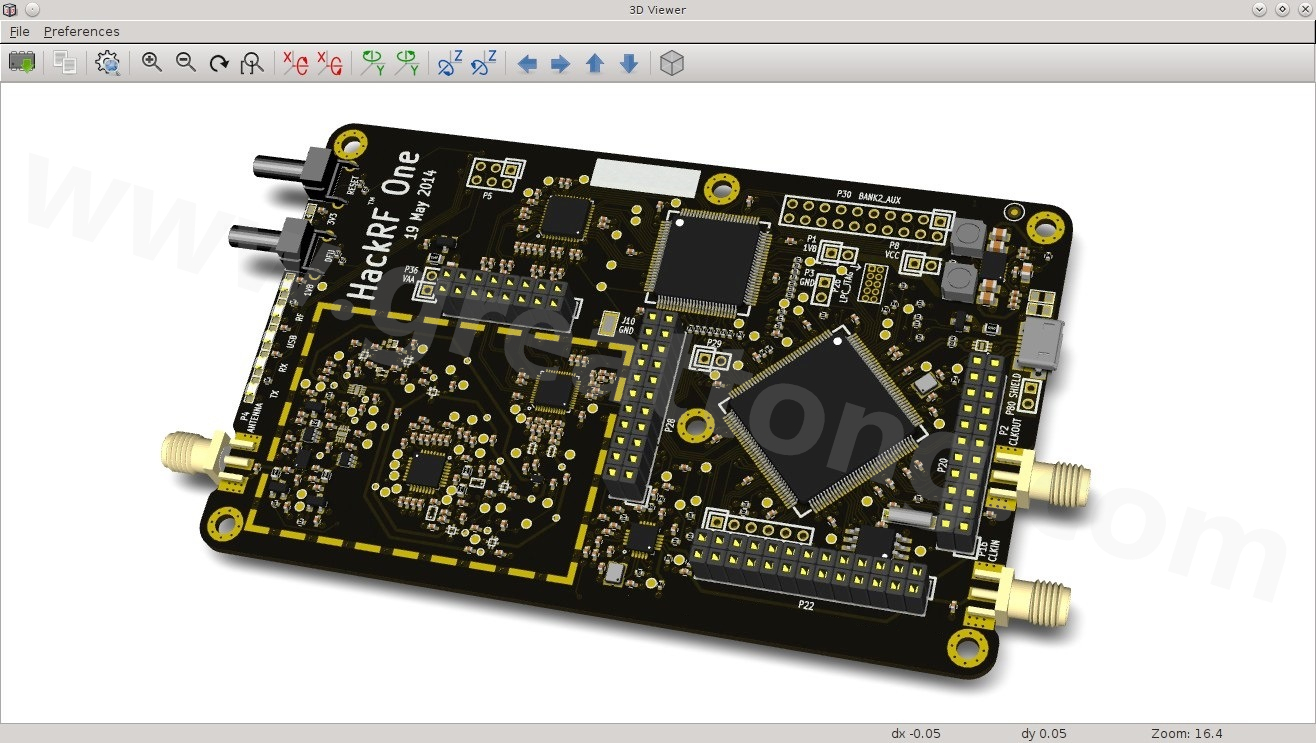 經(jīng)KiCad軟體3D功能渲染過的HackRF One電路板。