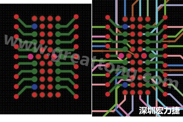 圖7：焊盤(pán)內(nèi)過(guò)孔用于內(nèi)部，而外部接腳在0.5mm閘格上扇出。圖7a顯示的是頂層(左)；圖7b顯示頂層和內(nèi)部布線層(右)。