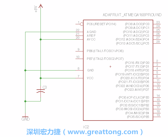 3.1.    新增微控制器晶片（RBBB → ATmega），把它放在電路原理圖的中央附近，把它的兩個接地接頭連接到接地訊號端。