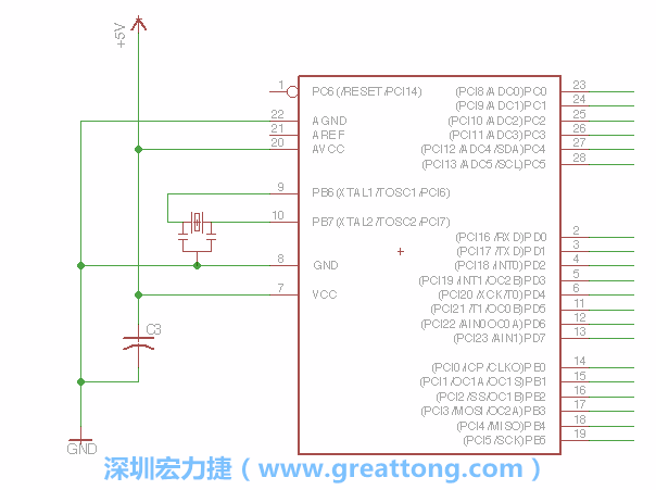 3.2.    在靠近ATmega的電源供應針腳7的位置放置一個0.1μF的電容，將它分別連接電源、接地端和針腳7。