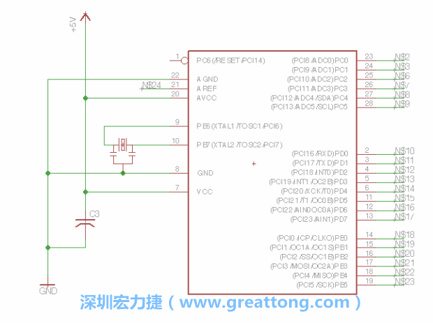 3.3.    將共鳴器（resonator）放置在針腳9和針腳10附近，將它的三個針腳連接如圖所示，并確認最中間的針腳有連到接地端。
