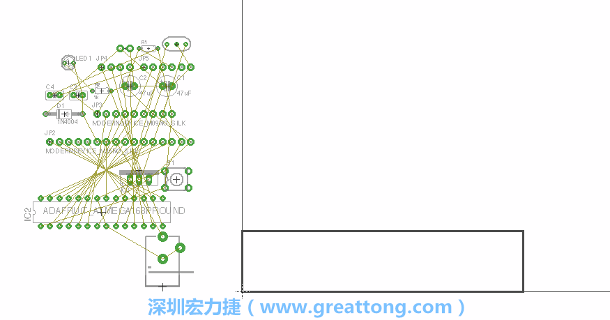 第一次執(zhí)行布線編輯器時(shí)，你會(huì)發(fā)現(xiàn)有兩個(gè)區(qū)塊，左邊的區(qū)塊非常混亂，而右邊的區(qū)塊則是一個(gè)長方形的工作區(qū)域，EAGLE免費(fèi)版會(huì)限制你的工作區(qū)域在4” x 3.2”的范圍內(nèi)，如果你試圖將元件擺放在工作區(qū)外的話，就會(huì)跳出警示訊息。
