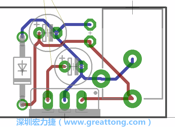 接地連結(jié)點(diǎn)的布線情形如下圖所示，利用這個(gè)練習(xí)來避免電路連線銳角化的產(chǎn)生是一個(gè)不錯(cuò)的選擇，你可以在工具列中的彎曲線路（Wire Bend）選項(xiàng)里改變各種布線的變化。