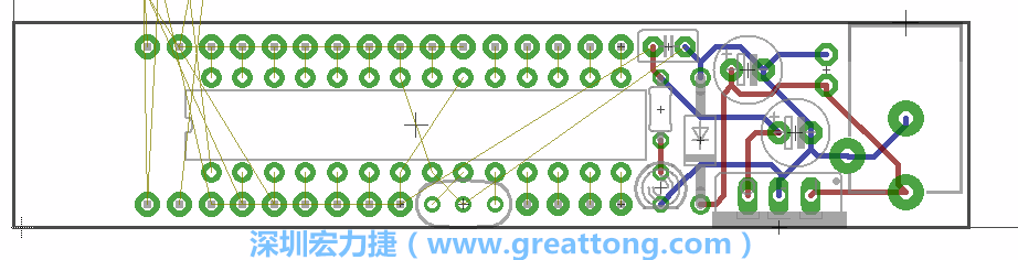 將ATmega微控制器、三個(gè)GPIO排針（JP2, JP3, JP4）和諧振器（resonator）排置如上圖所示。