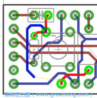 要在電路板正面進(jìn)行+5V信號線連結(jié)和其他連結(jié)點(diǎn)的布線工作是非常容易的，而重置信號線（信號線用來連結(jié)電路板正面左邊的重置開關(guān)）需要經(jīng)過一個(gè)可以通過電路板正反兩面的電路通道，這個(gè)通道是一個(gè)可以讓電路板正反兩面線路連接的一個(gè)小孔。