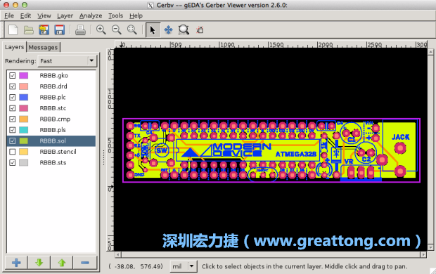 將圖層匯入你的Gerber預(yù)覽工具內(nèi)（下圖為Gerbv），我通常會(huì)從上到下重新排列它們的順序，好讓我比較好校對(duì)：