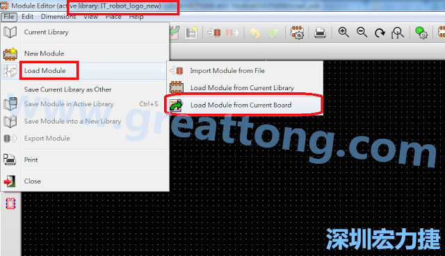 進入Module Editor去載入其他Footprint(Module)進來， 從目前的Active library (不過要先選取一個Current library ) 載入Module 或從目前正在編輯的PCB載入Module。