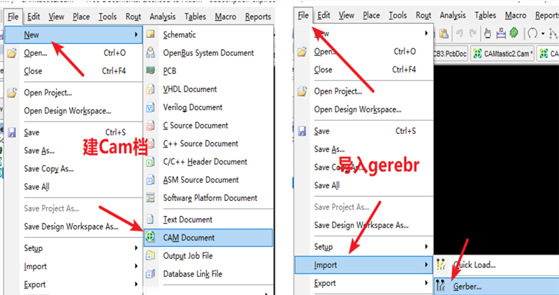 在File下新建 Cam檔，建后再File下導(dǎo)入Gerber文件，選擇所有文件導(dǎo)入gerber。