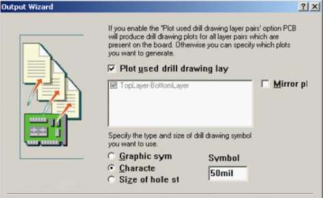 選中“Plot used drill drawing layer”，并將孔圖改為“Cheracte”標(biāo)示