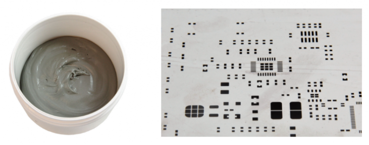 焊膏（左），PCB模板激光切割孔（右）